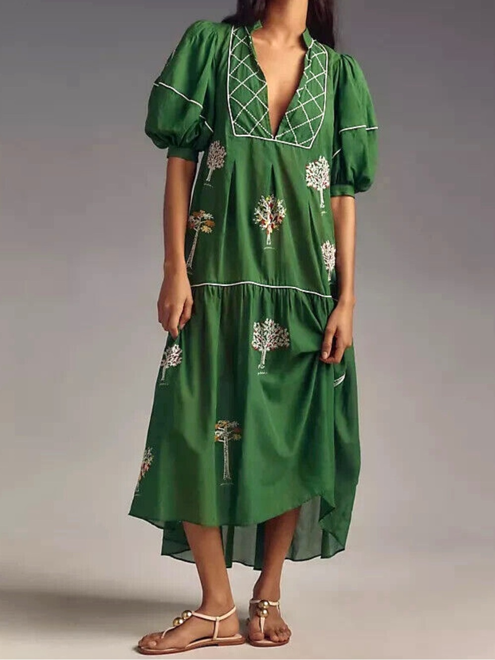 FARM Rio Green Embroidered Trees Organic Cotton Midi Dress Boho Cottagecore